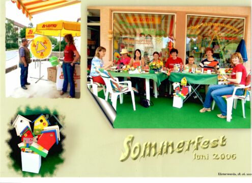 Sommerfest 2006 – Schreibwaren Parnack Elsterwerda Sommerfest 2006 bei Schreibwaren Parnack in Elsterwerda mit Glücksrad, Basteltisch und bunten Vogelhäuschen